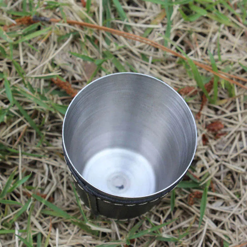 4pcs/set Outdoor Travel Cups Set Camping Tableware Stainless Steel Cup with PU Leather Portable Coffee Wine Beer Whisky Cup