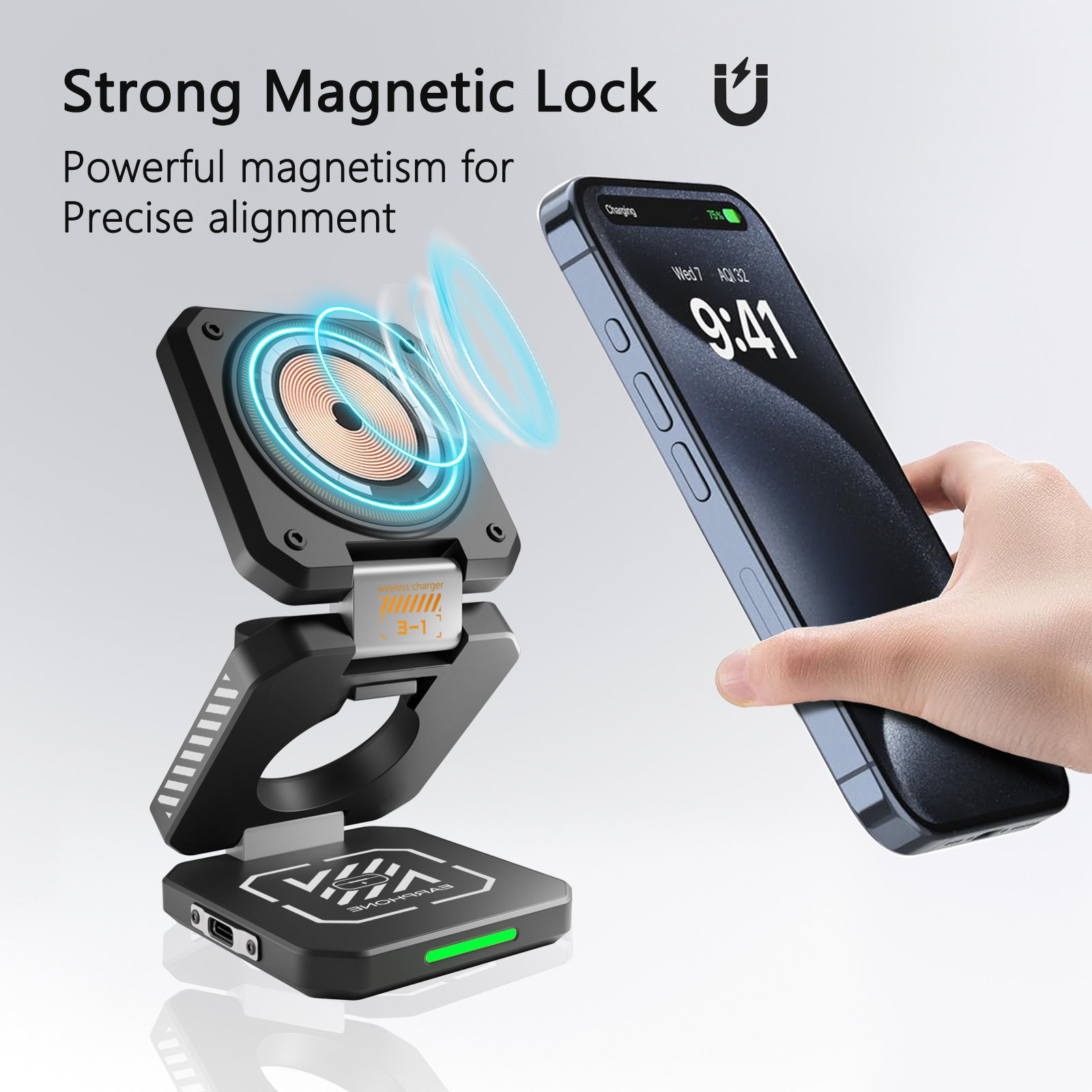 Desktop Foldable 3‑in‑1 Magnetic Wireless Charger Fast Charging Dock Station for Magsafe iPhone 17~12 Apple Watch 9 Airpods Pro