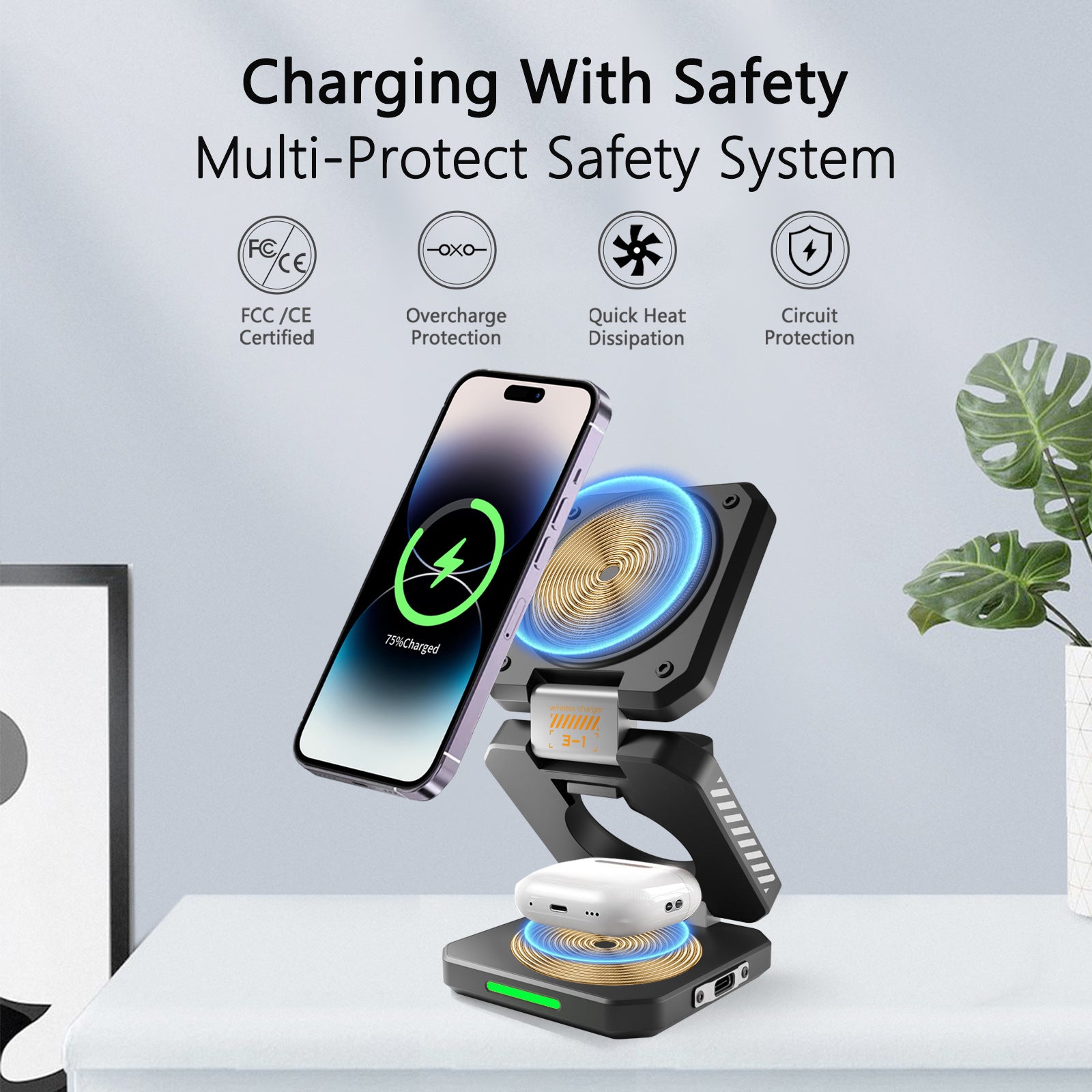 Desktop Foldable 3‑in‑1 Magnetic Wireless Charger Fast Charging Dock Station for Magsafe iPhone 17~12 Apple Watch 9 Airpods Pro