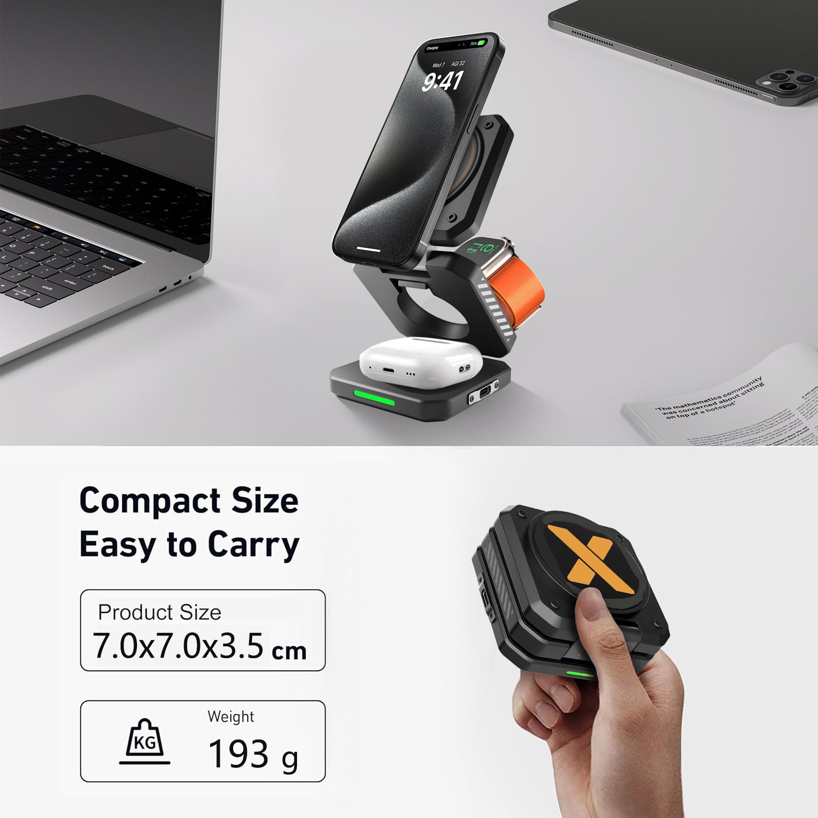 Desktop Foldable 3‑in‑1 Magnetic Wireless Charger Fast Charging Dock Station for Magsafe iPhone 17~12 Apple Watch 9 Airpods Pro