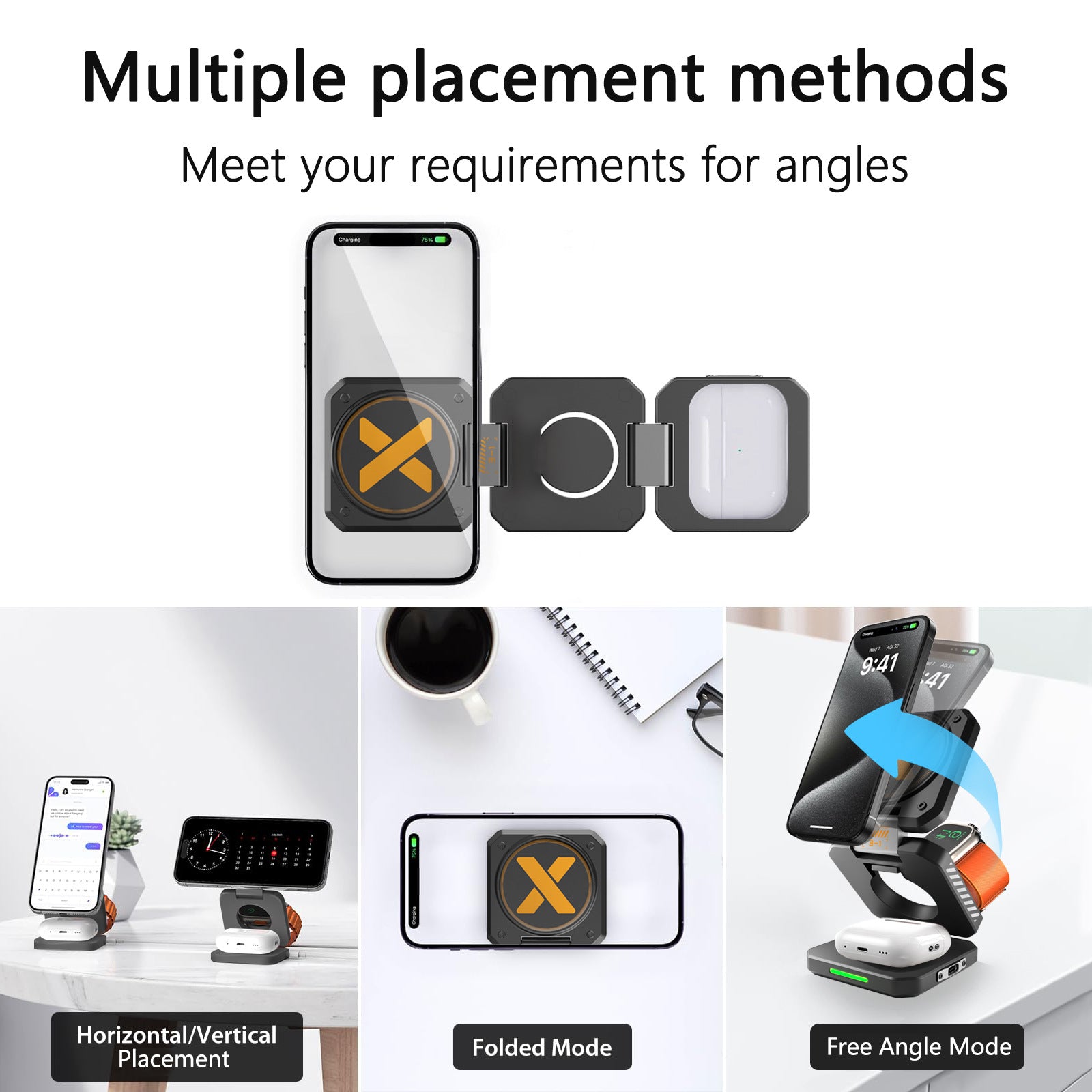 Desktop Foldable 3‑in‑1 Magnetic Wireless Charger Fast Charging Dock Station for Magsafe iPhone 17~12 Apple Watch 9 Airpods Pro