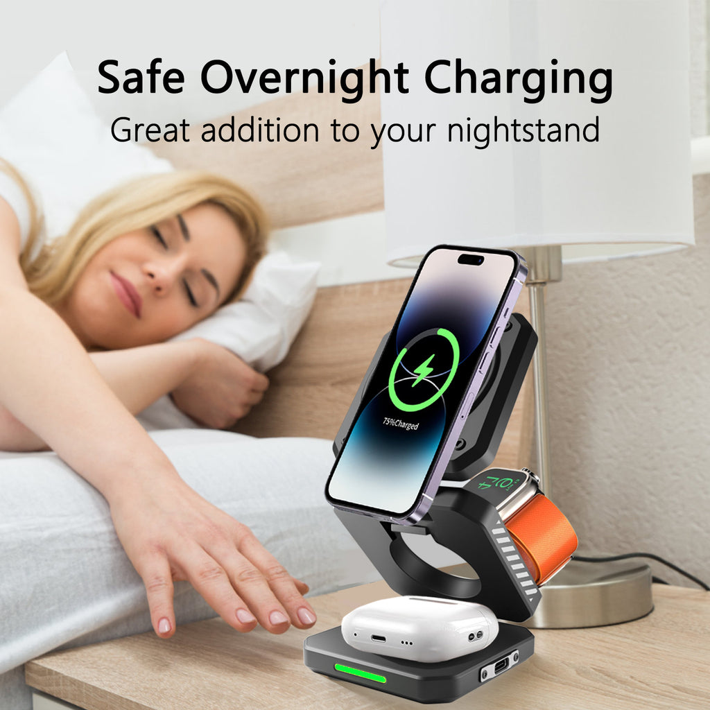 Desktop Foldable 3‑in‑1 Magnetic Wireless Charger Fast Charging Dock Station for Magsafe iPhone 17~12 Apple Watch 9 Airpods Pro