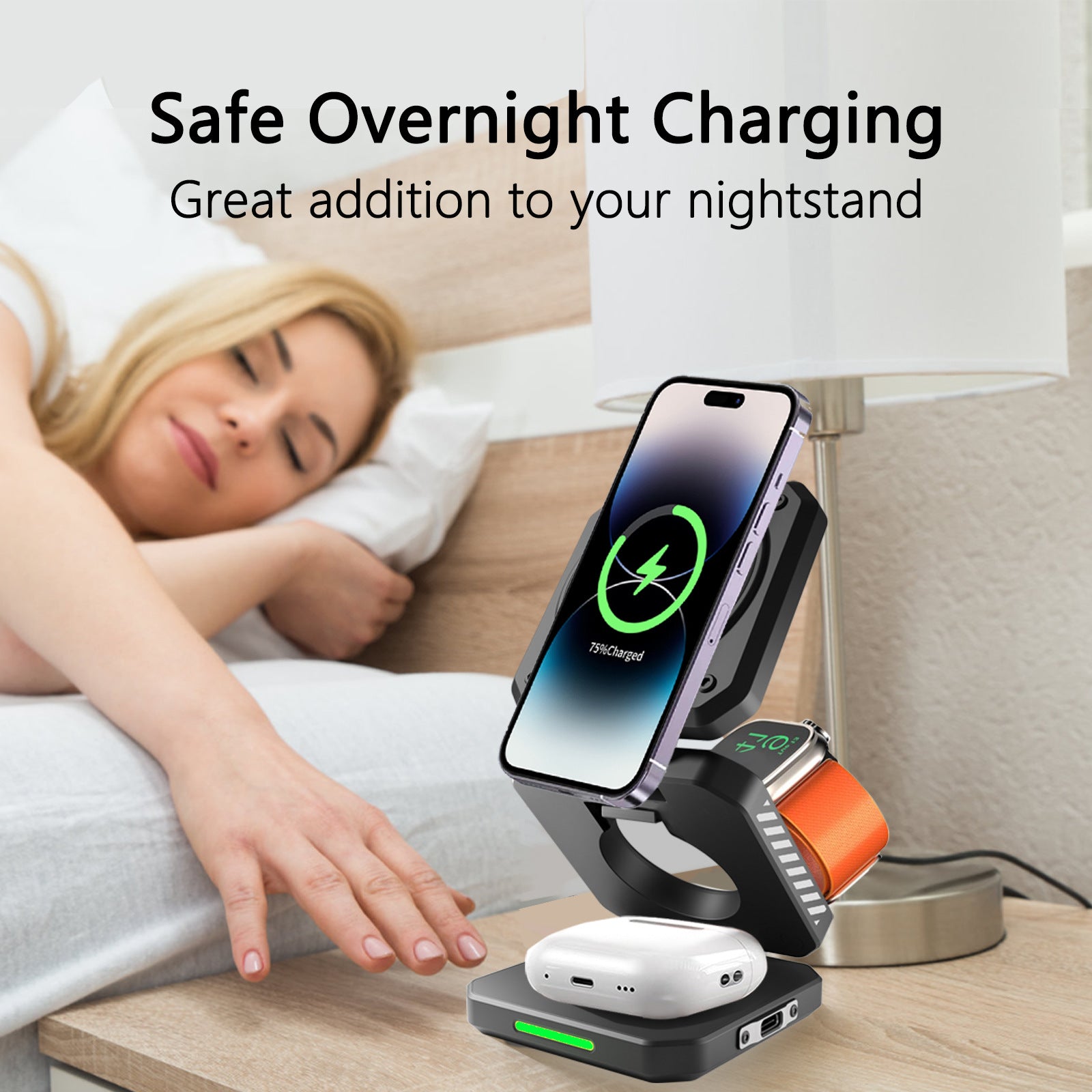 Desktop Foldable 3‑in‑1 Magnetic Wireless Charger Fast Charging Dock Station for Magsafe iPhone 17~12 Apple Watch 9 Airpods Pro