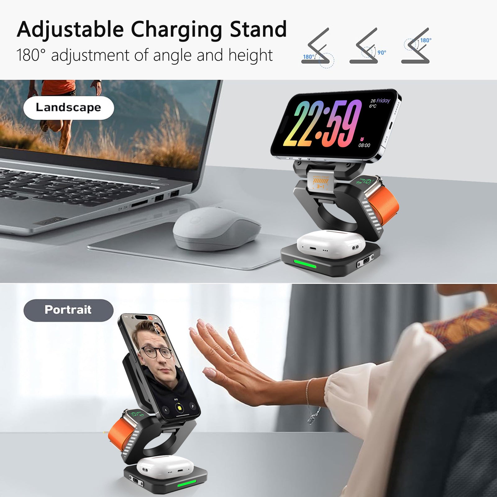 Desktop Foldable 3‑in‑1 Magnetic Wireless Charger Fast Charging Dock Station for Magsafe iPhone 17~12 Apple Watch 9 Airpods Pro