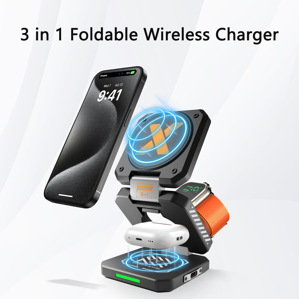 Desktop Foldable 3‑in‑1 Magnetic Wireless Charger Fast Charging Dock Station for Magsafe iPhone 17~12 Apple Watch 9 Airpods Pro