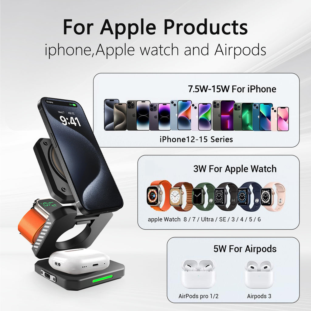Desktop Foldable 3‑in‑1 Magnetic Wireless Charger Fast Charging Dock Station for Magsafe iPhone 17~12 Apple Watch 9 Airpods Pro