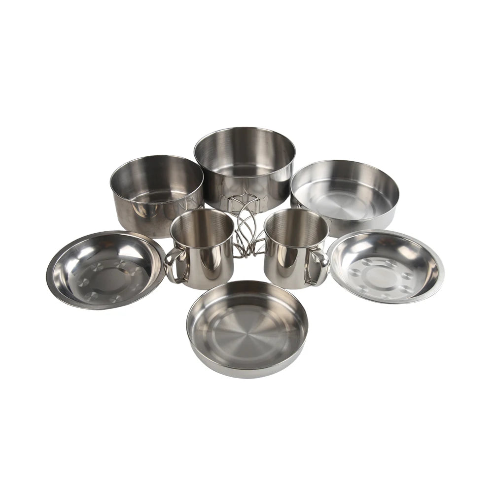 8pcs/Set Camping Cookware Mess Kit Stainless Steel Cooking Pot and Pan Set with Plates Cups for Outdoor Hiking Backpacking