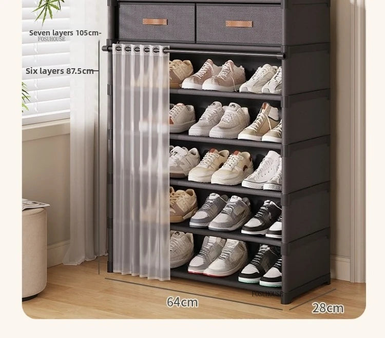 Multi layer Shoe Rack with Drawer for Entryway Hallway Storage Durable Metal Frame Indoor Organizer Space Saving Hanger Unit