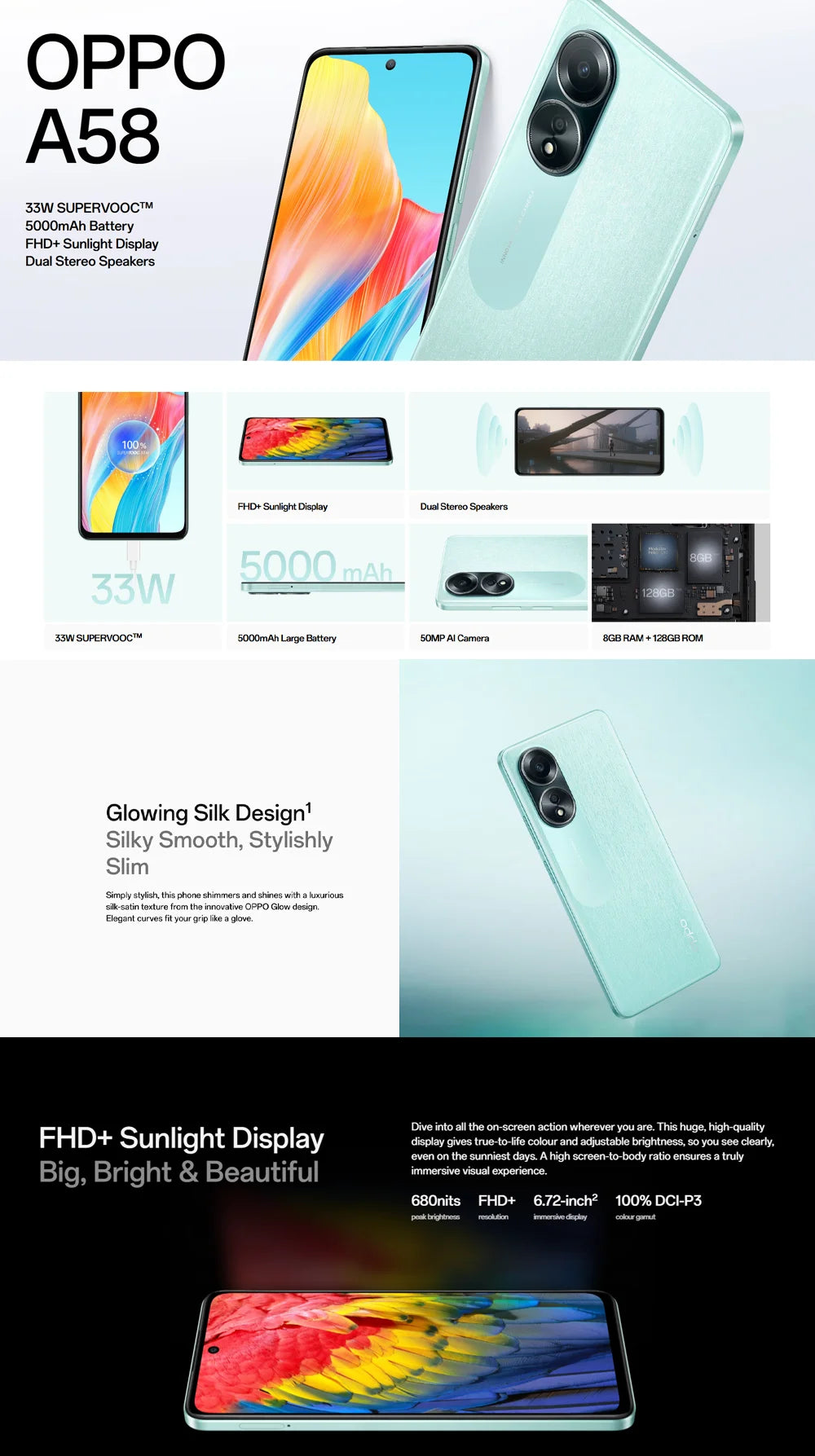OPPO A58 6.72" 120Hz Display 8GB+256GB 50MP AI Cam 5000mAh Long Lasting Battery Side Fingerprint 5G LTE Dual SIM Smartphone