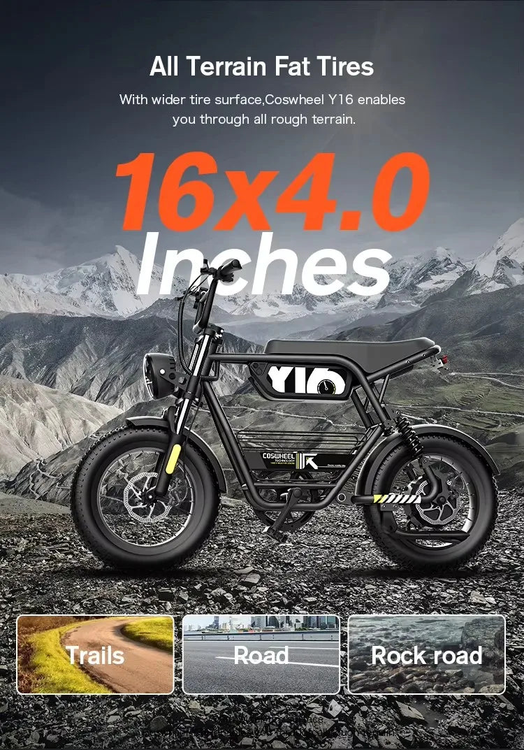 Coswheel Y16 Electric Bike for Adults 1000W Moped Style Ebike 48V 15Ah Removable Battery 28MPH Electric Motorcycle FatTire ebike