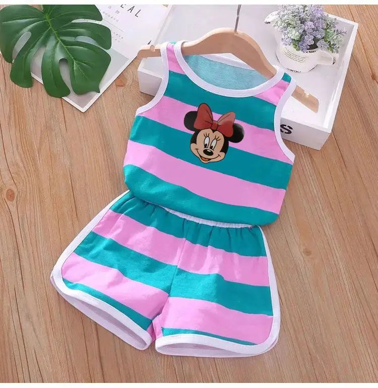 2026 Summer Baby Kids Clothes Sets Cut Striped Cartoon Printed Girls and Boys Vest and Shorts 2 Pieces Sets Children's Outfits