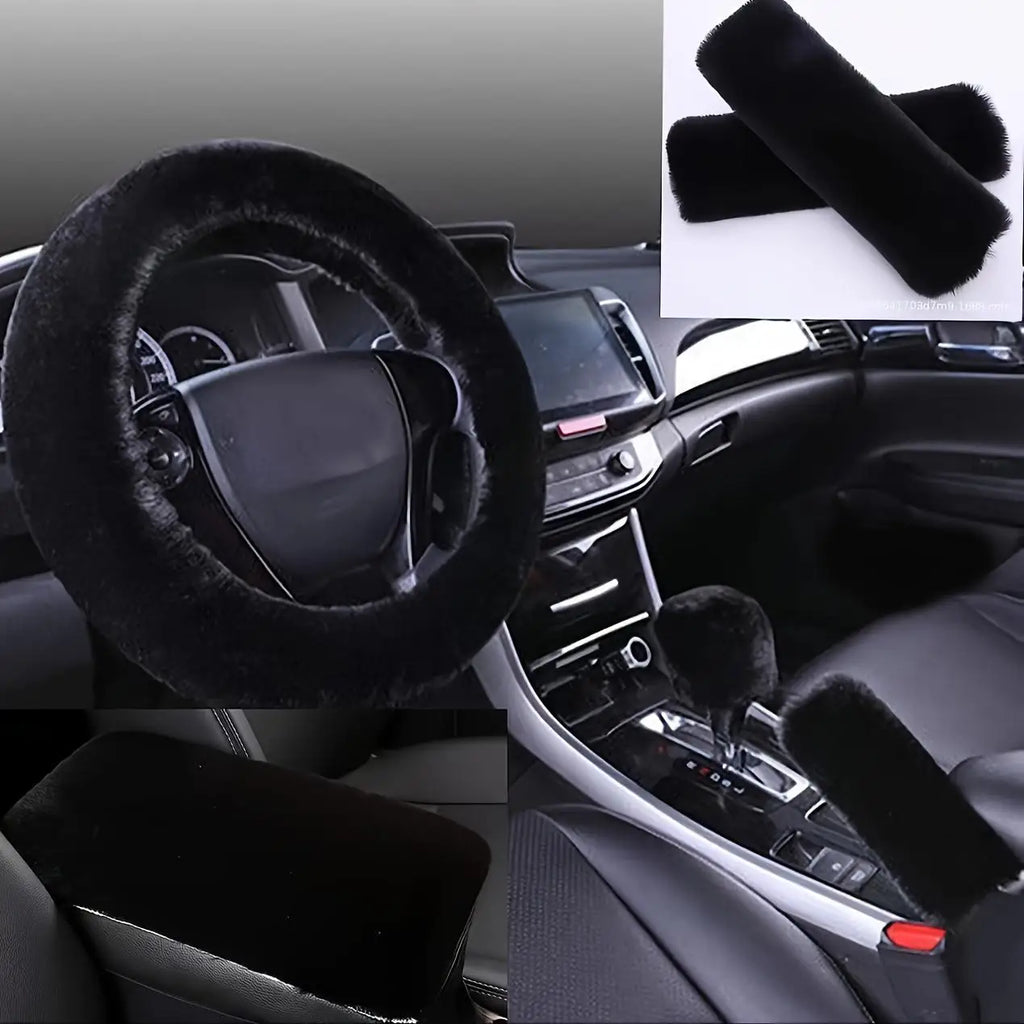 6pcs Soft Plush Steering Wheel Cover Comfort Grip Handbrake&Shift Knob Covers Fit Seat Belt Pads with Stitching Install Vehicles