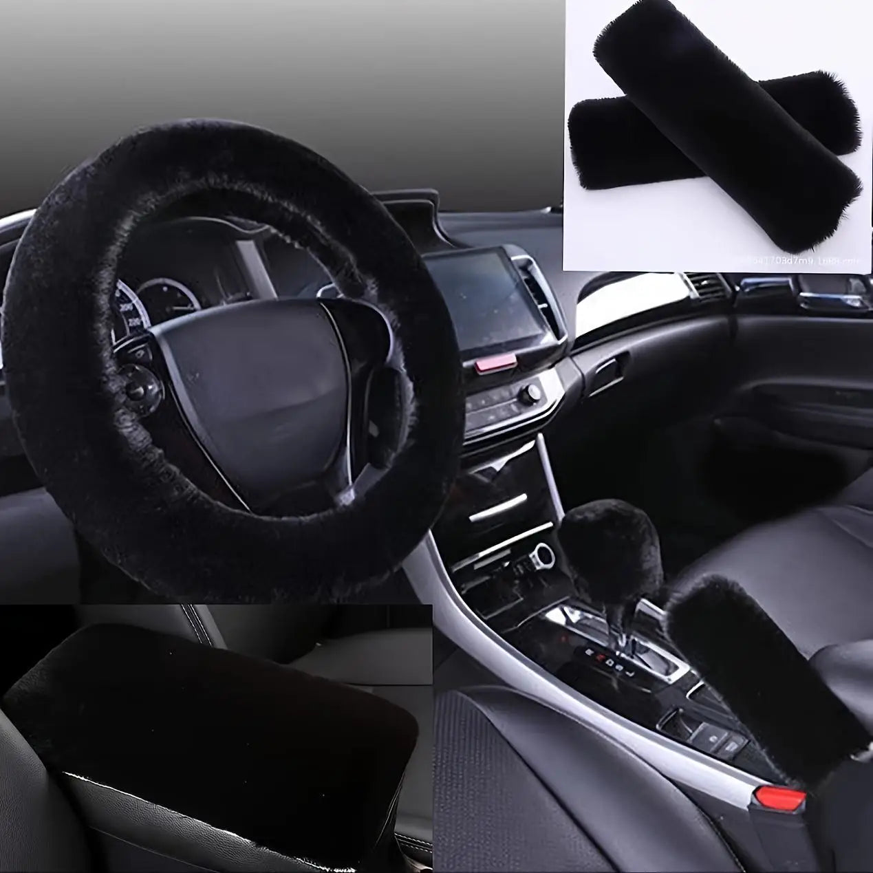 6pcs Soft Plush Steering Wheel Cover Comfort Grip Handbrake&Shift Knob Covers Fit Seat Belt Pads with Stitching Install Vehicles
