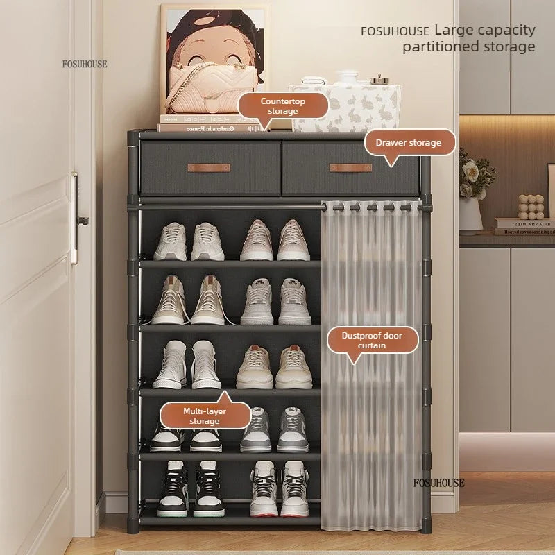 Multi layer Shoe Rack with Drawer for Entryway Hallway Storage Durable Metal Frame Indoor Organizer Space Saving Hanger Unit