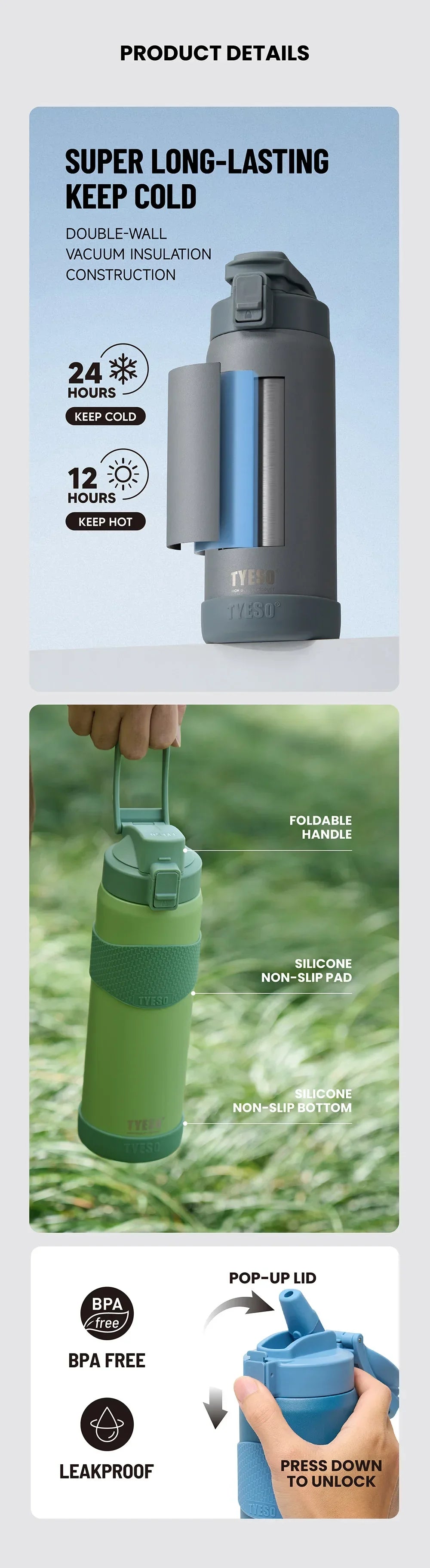 TYESO Vacuum Flasks Insulated Water Bottle 24H Cold 12H Hot Stainless Steel Leakproof Sports Bottle for Gym Travel Drinkware