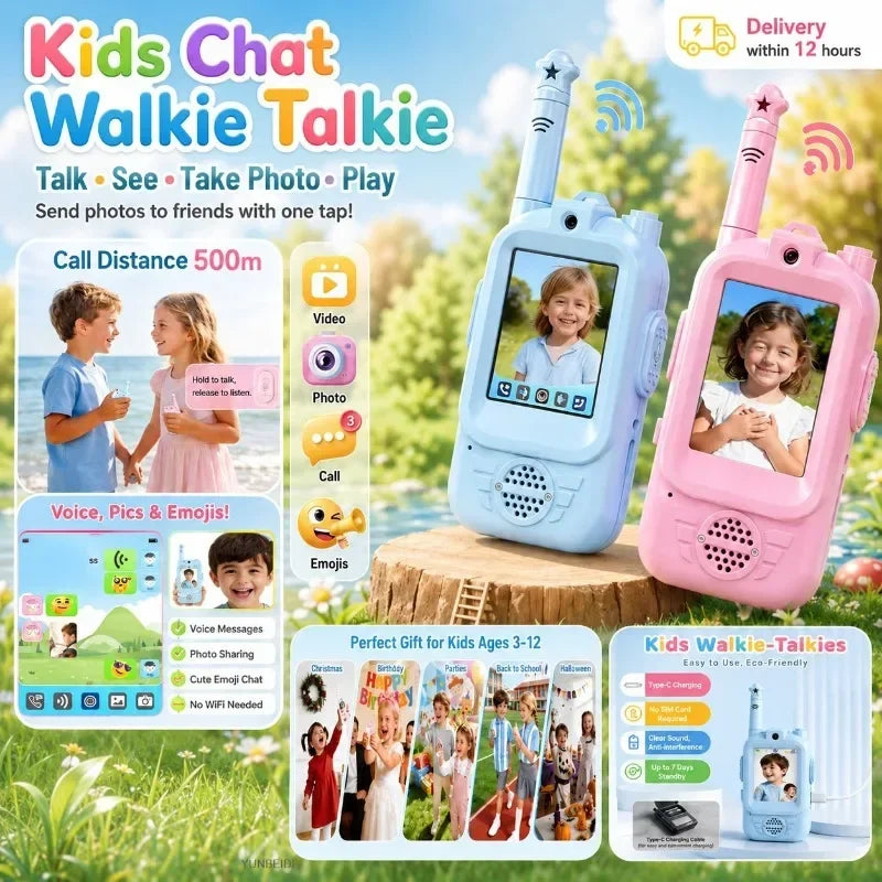 2PC Kids HD-Video Walkie Talkies 3 Styles Intercom USB Charging Indoor Outdoor Boys Girls Age 3+ for Child's Toys Birthday Gifts
