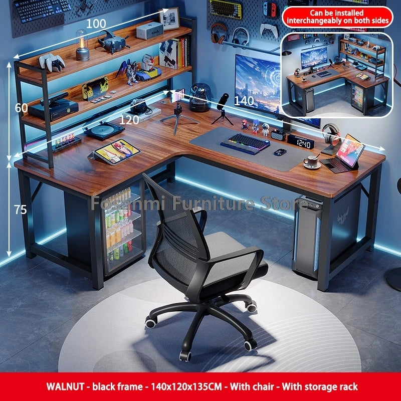 L-Shaped Computer Desk and Chair Set Modern Home Office Furniture with Shelf Gaming Work Desk Chair Set Corner PC Table for Room