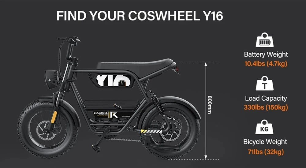 Coswheel Y16 Electric Bike for Adults 1000W Moped Style Ebike 48V 15Ah Removable Battery 28MPH Electric Motorcycle FatTire ebike