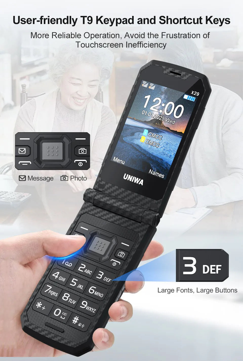 UNIWA X29 Old Man 2G Flip Mobile Phone GSM Senior Big Push-Button Flip Phone Dual Sim FM Radio Russian Arabic Keyboard Cellphone