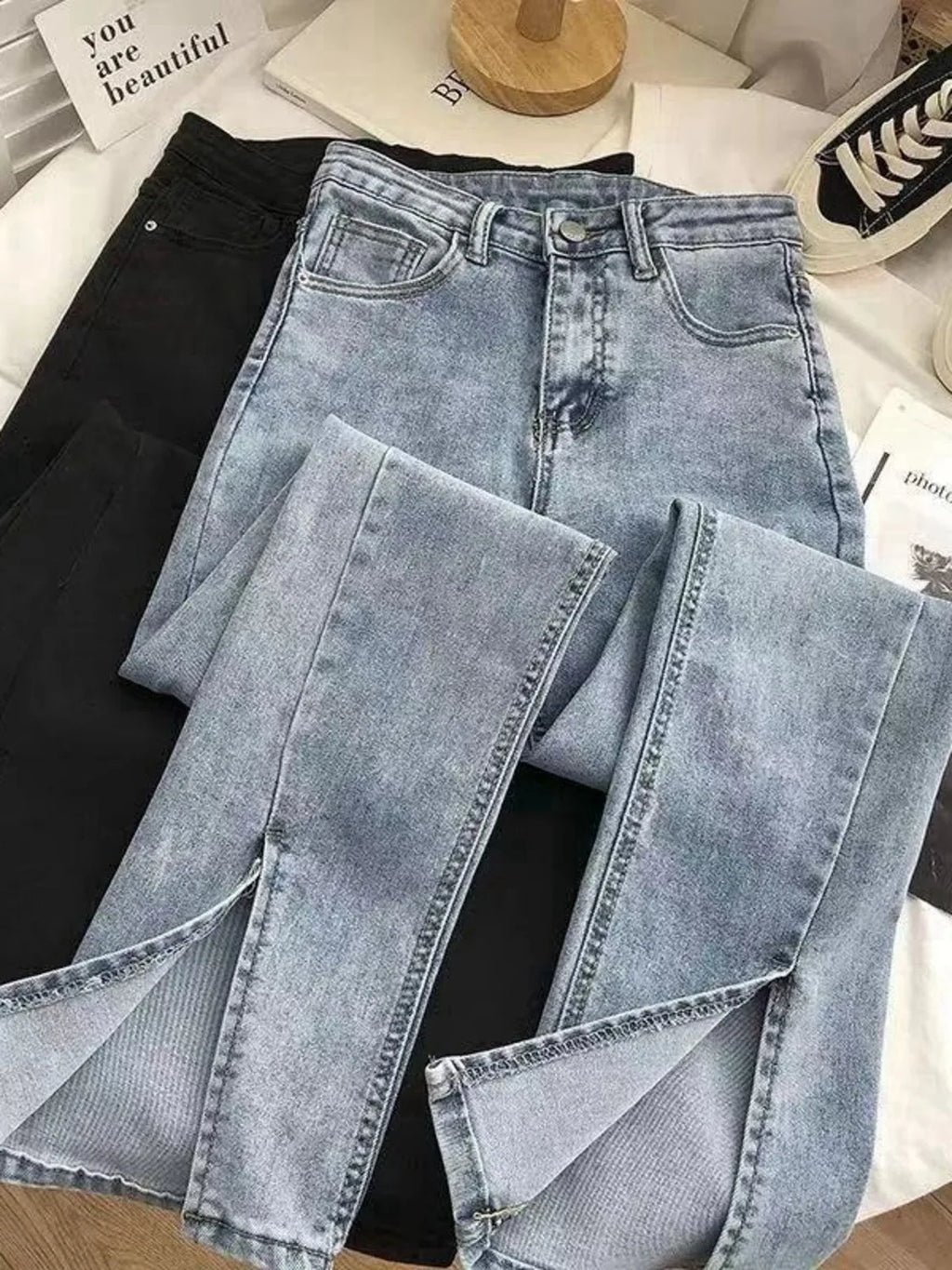 Women's High Waist Wide Leg Jeans Asymmetric Split Hem Vintage Washed Denim Pants Loose Fit