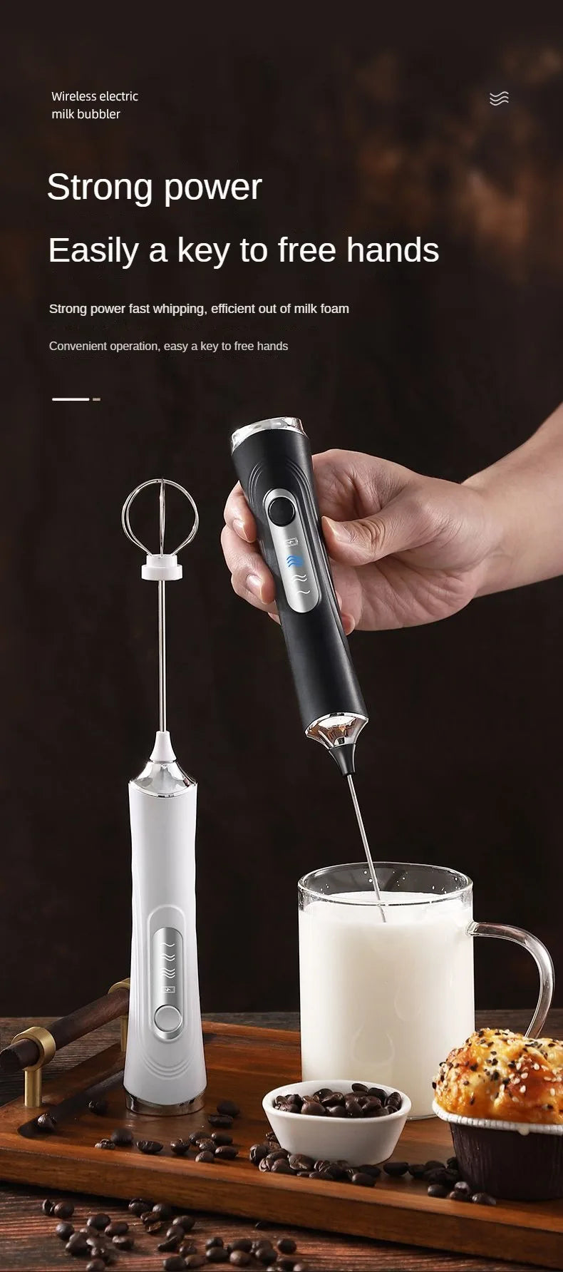 1 Electric Milk Frother, Dual Stick Rechargeable 3-Speed Handheld Egg Beater, Coffee Frother, Cream Blender, Travel Blender