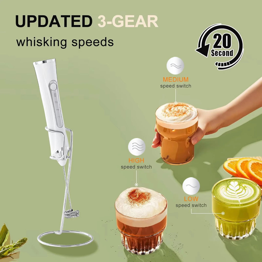 1 Electric Milk Frother, Dual Stick Rechargeable 3-Speed Handheld Egg Beater, Coffee Frother, Cream Blender, Travel Blender
