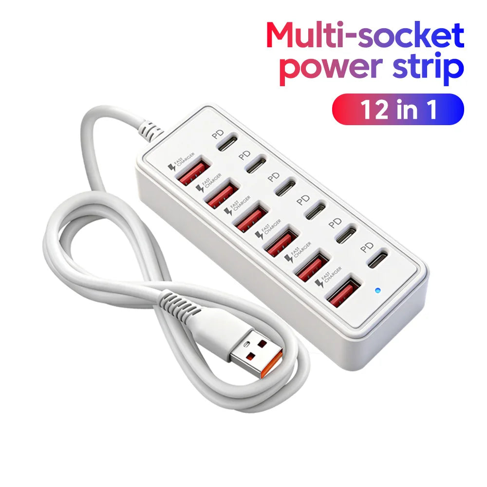 Cargador Multipuerto 12 en 1 - 6 USB-A y 6 USB-C Carga Rápida