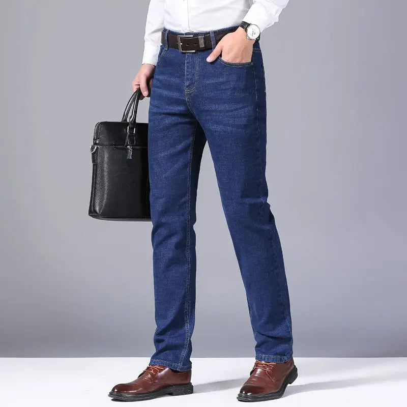 2025 men's fashion business jeans classic style casual elastic slim fit jeans men's denim pants black blue