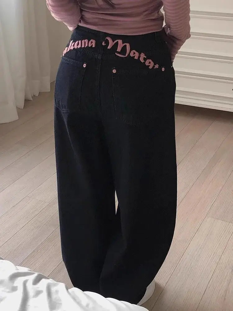 Women's Sweet Casual Full Length Baggy Denim Trouser Retro Emo Harajuku Loose Jeans Letter Embroidery High Waist Y2K 2000s Pants