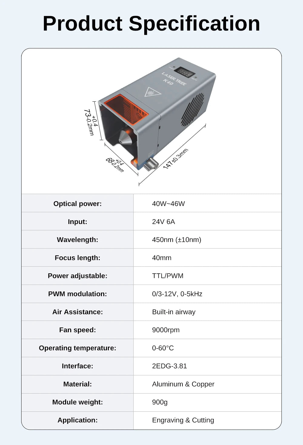 LASER TREE K40 Optical Power 40W Laser Head with Air Assist 450nm Blue Light 8 Diodes TTL Module for Engraver Cutting Wood Tools