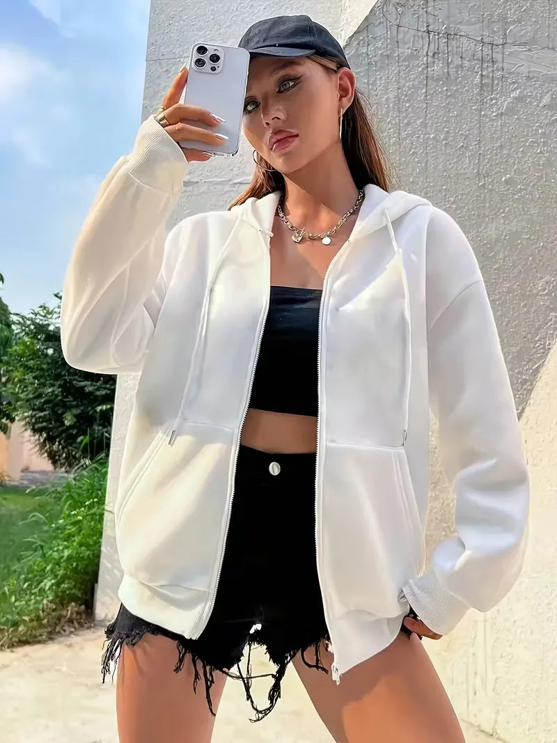 Plum blossom Women's Zipper Hoodies Jacket Cotton Fleece Hoody Sweatshirt Pullover Autumn Winter Oversized Loose Tops Coat