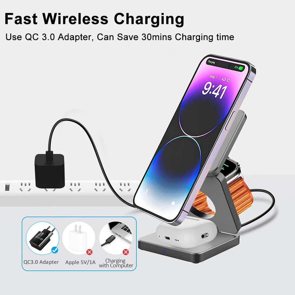 3 in 1 Magnetic Wireless Charger for iPhone Foldable Fast Wireless Charging Station for iPhone 16 15 14 13 12 Charger Stand