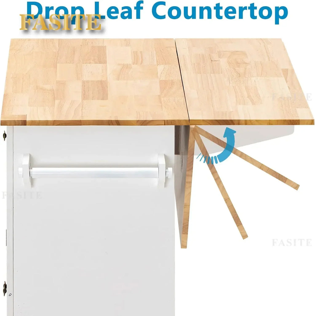 Movable Kitchen Carts on Wheels Island with Storage Cabinet, Island Table for Kitchen with Rubber Wood Top and Rack and Drawers