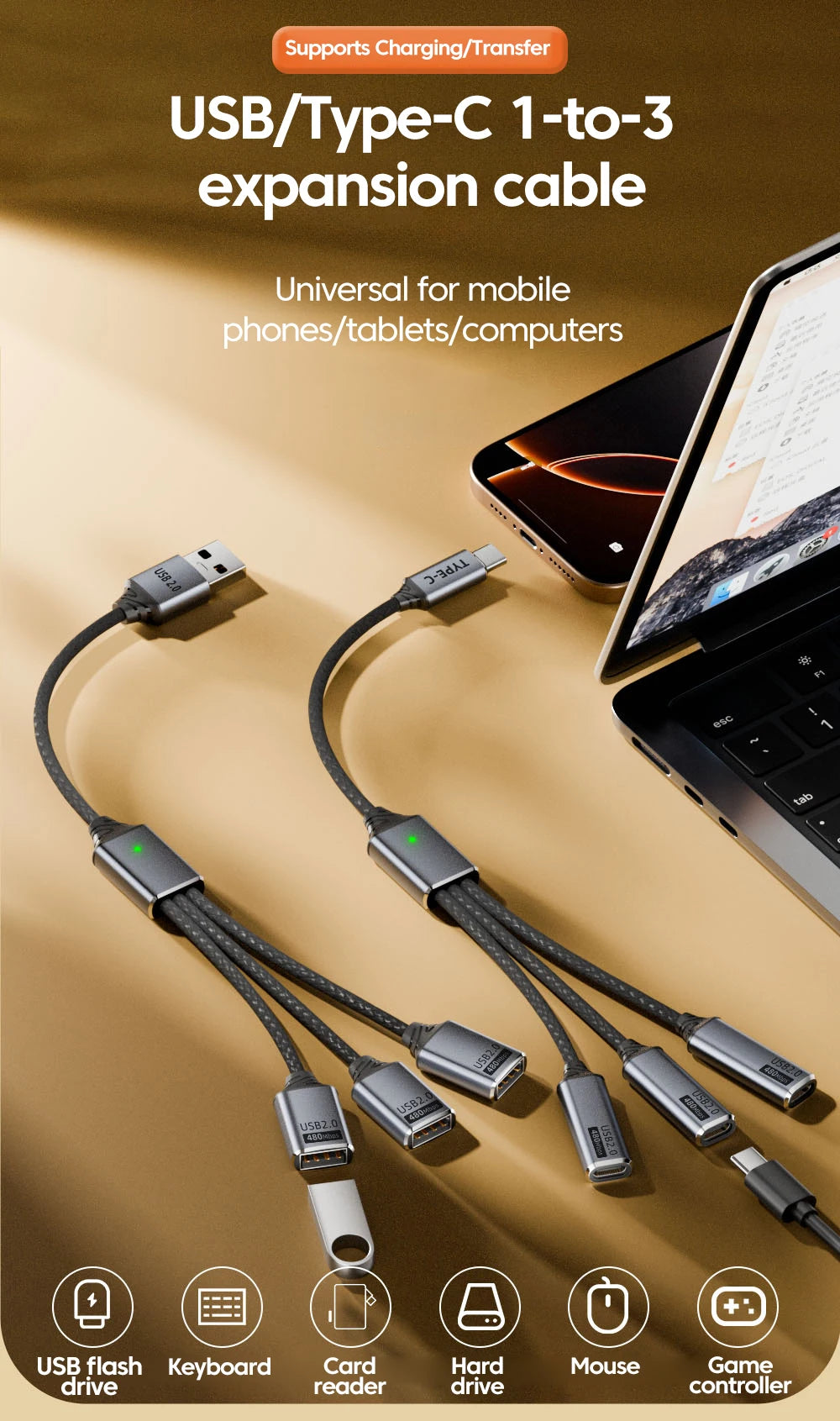 Adaptador Hub USB-C a 3 Puertos USB 2.0 OTG