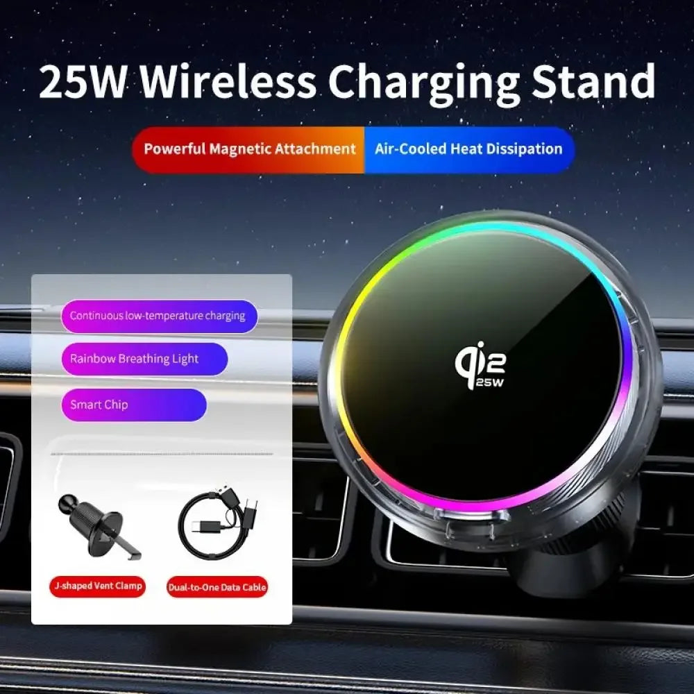 25W Qi2 Magnetic Car Phone Charger Holder with RGB Light Air Vent Mount with Fast Charging & Cooling for iPhone 17 Pro Max
