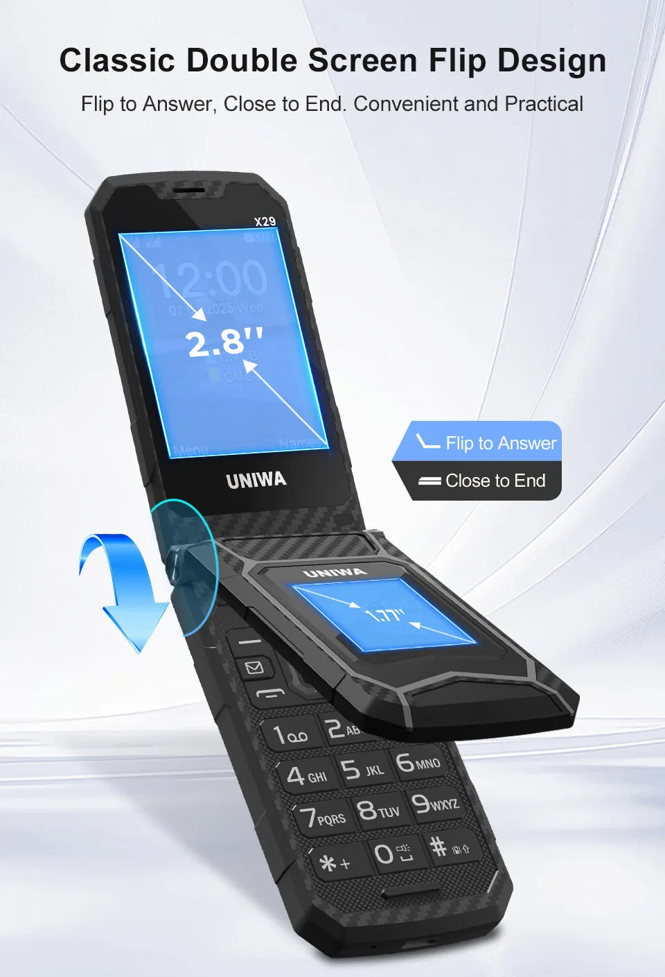 UNIWA X29 Old Man 2G Flip Mobile Phone GSM Senior Big Push-Button Flip Phone Dual Sim FM Radio Russian Arabic Keyboard Cellphone