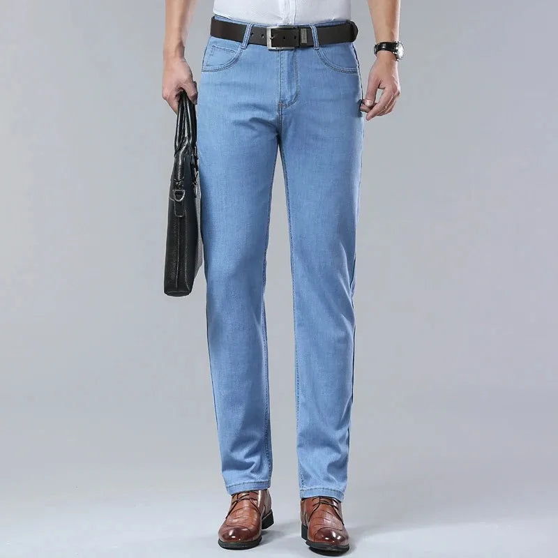 2026 Summer Spring New Men's Pure Black Slim Jeans Elastic Straight Pants BusinessLeisure Korean Vintage Denim Pants Male