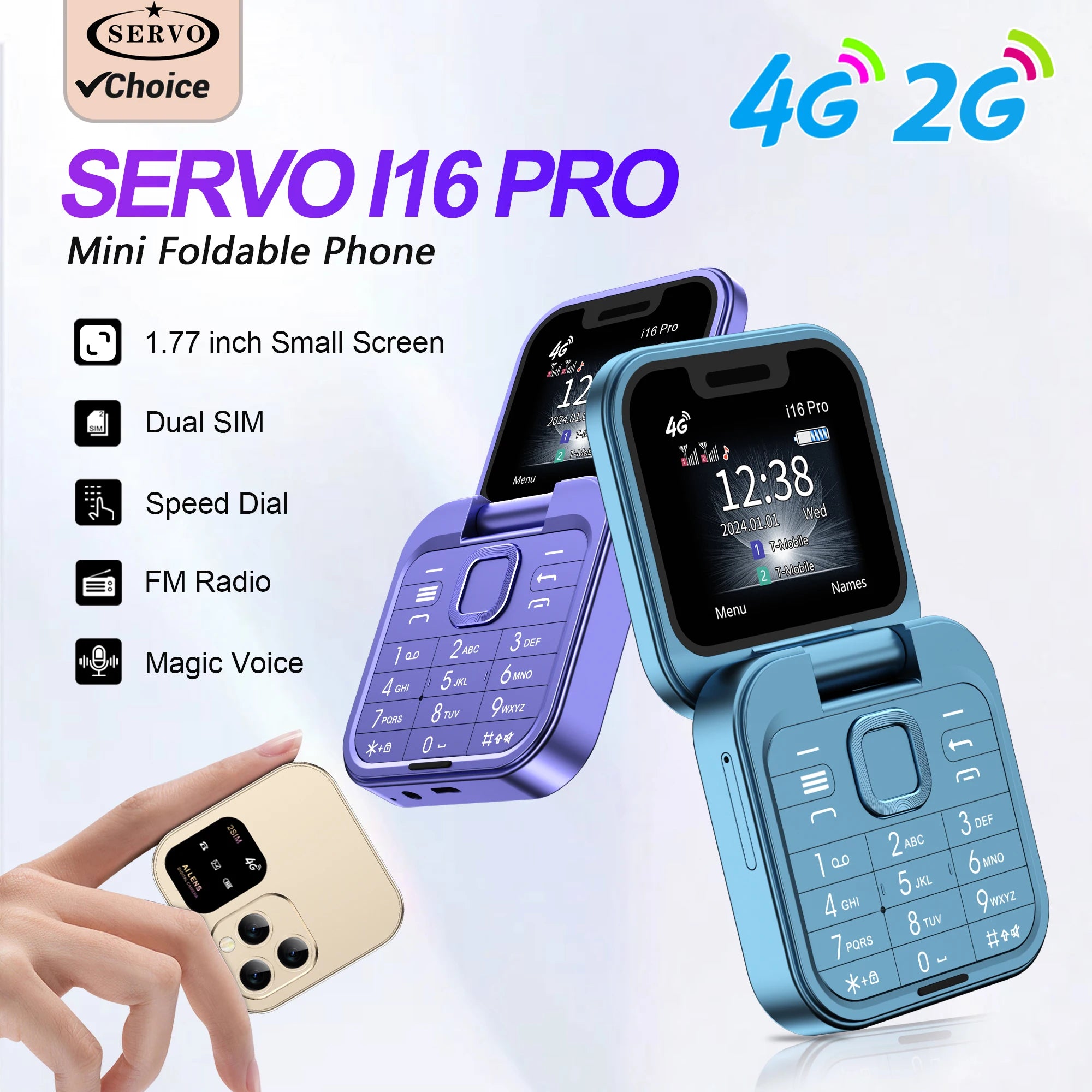 SERVO Mini Flip Mobile Phone 4G/2G Cellular 1.77" Diaplay Speed Dial Flashlight Recorder FM Radio Dual SIM Foldable Cellphones