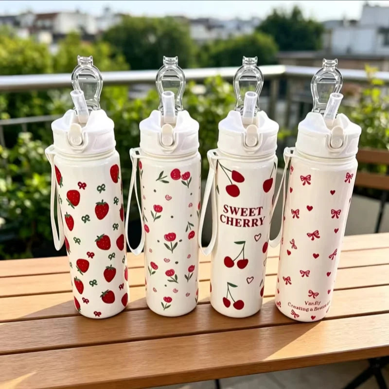 750ML Cute Strawberry Cherry Flower Bowknot Printed Tumbler with Pure White Base, High-Value Straw Cup for Sports