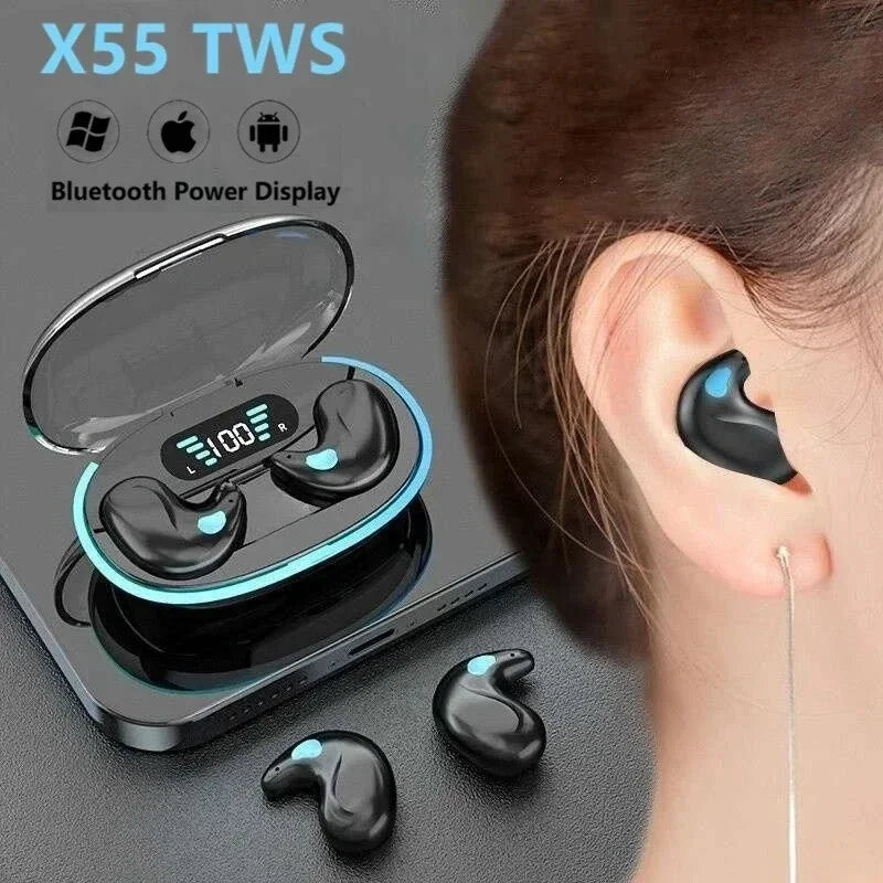 NEW X55 Earphone Stereo Hidden Headsets with Mic HD Call Waterproof Sleeping Earbuds Wireless Mini Headphones TWS Bluetooth