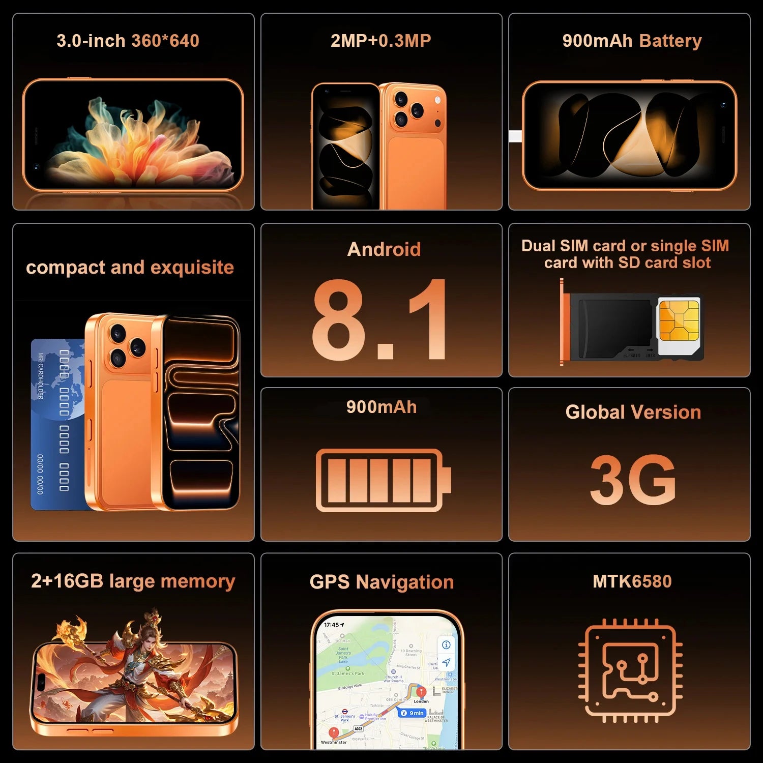 ONEMYTH A17 Mini 3.0 'Android Smartphone 2GB+16GB 3G Unlocked Phone Google Play Store Dual SIM Card Pocket Backup Small Phone