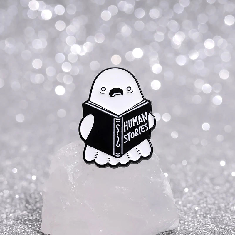 Cartoon Ghost Boo Enamel Pins Human Stories Book Creative Brooches Halloween Backpack Clothes Lapel Badge Gift for Kids Friends