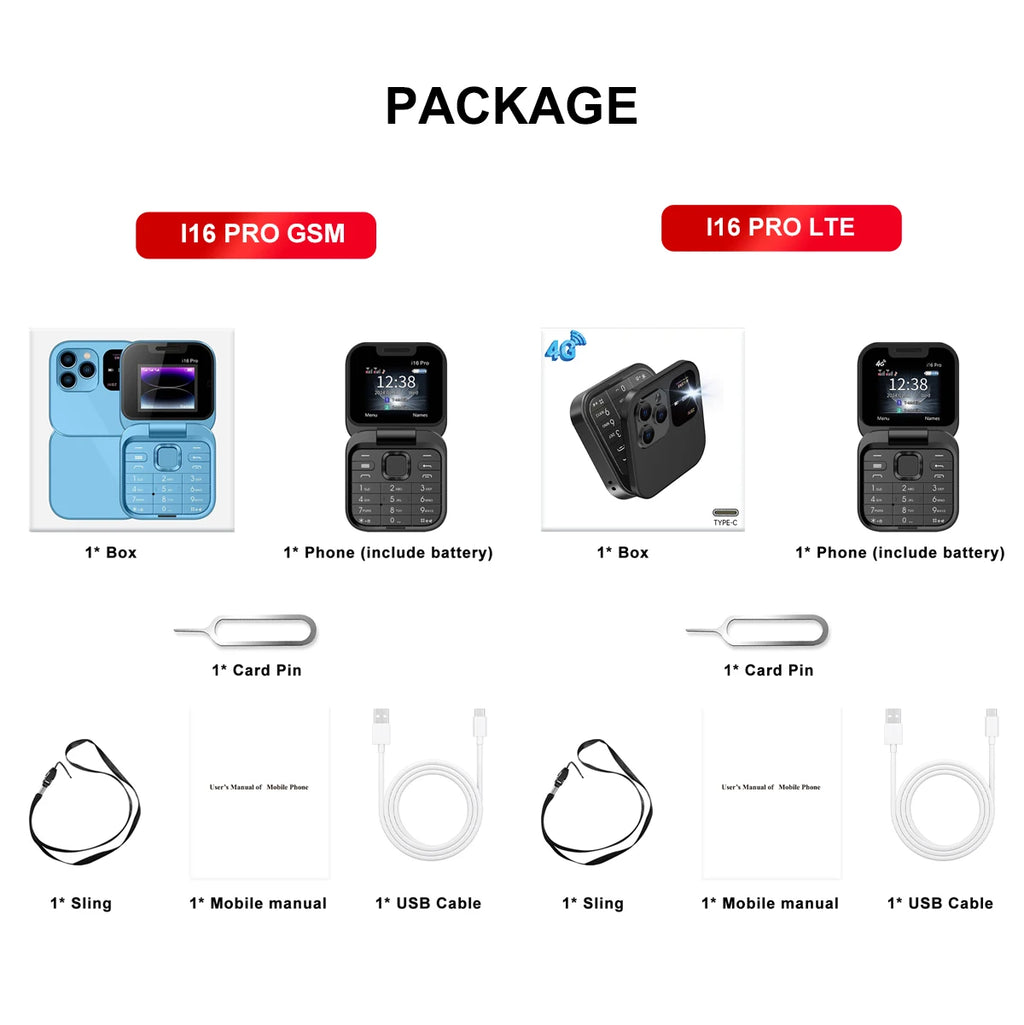 SERVO Mini Flip Mobile Phone 4G/2G Cellular 1.77" Diaplay Speed Dial Flashlight Recorder FM Radio Dual SIM Foldable Cellphones