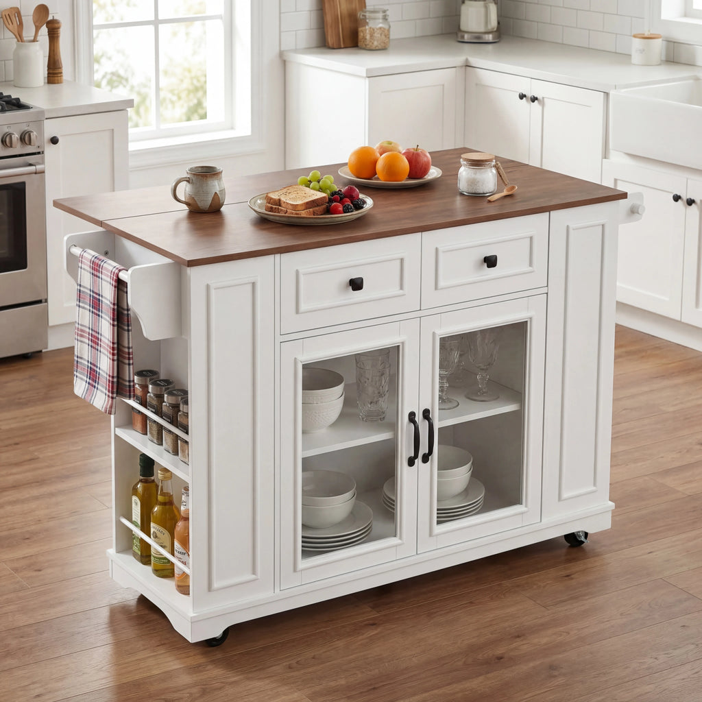 54" Wood Mobile Kitchen Island Cart Glass Doors Power Outlet Open Shelves Rolling Base Towel Spice Racks Eco-Friendly Durable