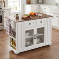 54" Wood Mobile Kitchen Island Cart Glass Doors Power Outlet Open Shelves Rolling Base Towel Spice Racks Eco-Friendly Durable