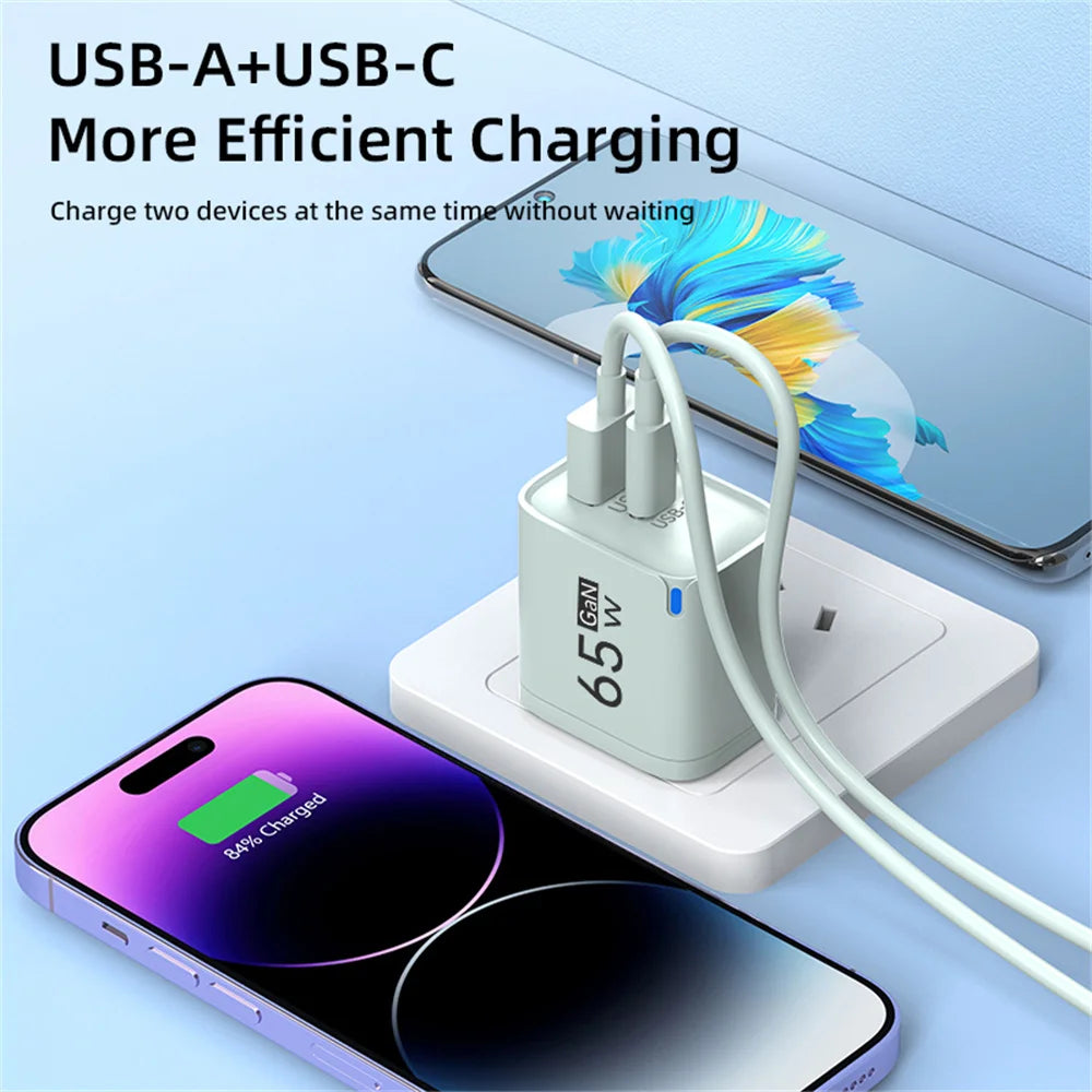 Cargador USB-C 65W Carga Rápida | Compatible iPhone, Samsung y Xiaomi