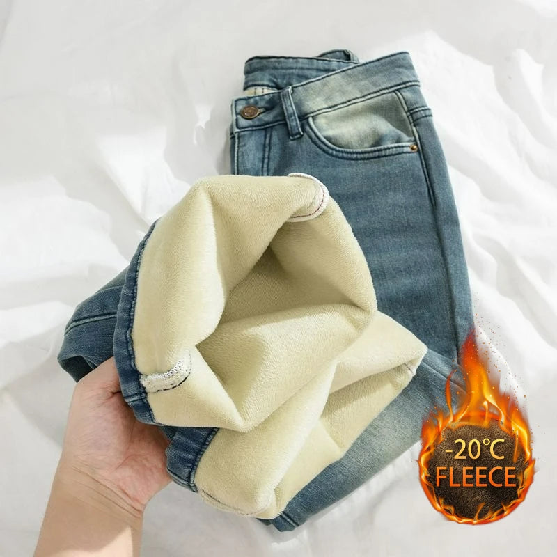 Autumn Winter Thickened Fleece-Lined Vintage Straight-Leg Jeans Women's Slimming Hip-Hiding Elastic Micro-Flared Cotton Trousers