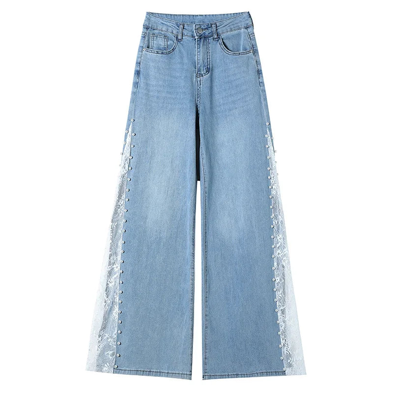Women's High Waist Lace Stitching Beaded Wide Leg Jeans Summer Stretch Floor Length Pants