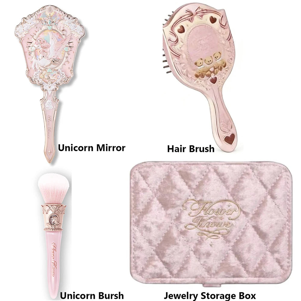 Flower Knows 9th Anniversary 4 Pcs Makeup Set Desktop Vanity Mirror Paddle Brush Air Cushion Comb Brush Holder Blush Brush