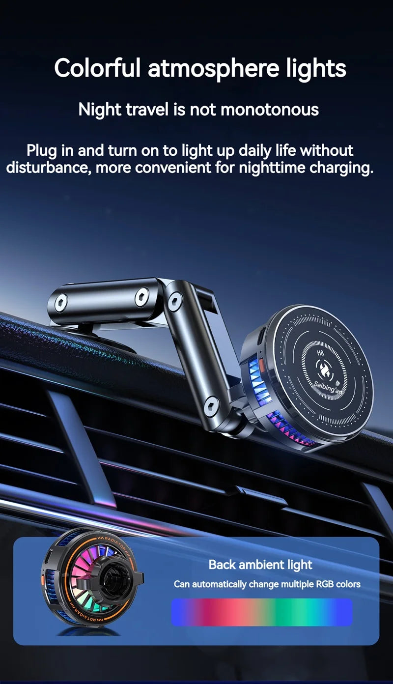 Universal Metal Car Magnetic Semiconductor Cooling Phone Holder RGB Light 3 Level Adjustable for iPhone 16 15 14 13 12 Samsung
